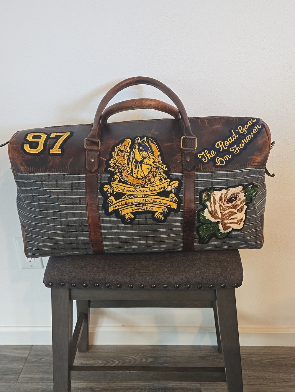RODEO QUINCY Brown Leather-Trim Gray Plaid Weekender Bag with Yellow Appliqué
